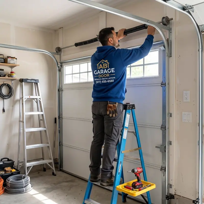 AB Garage Door technician repairing a residential garage door
